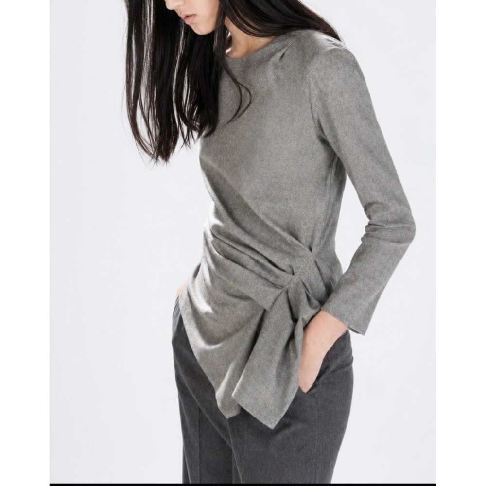 Zara Woman Gray Asymmetric Draped Wool Blend Top Blouse Sz M Career Old Money
